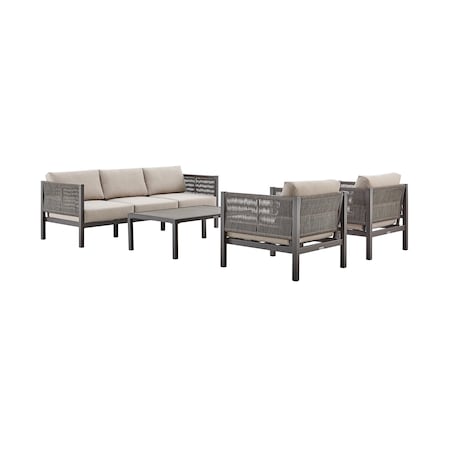 Armen Living Cuffay 4 Piece Outdoor Patio Furniture Set in Brown Aluminum and Rope with Cushions 840254332430